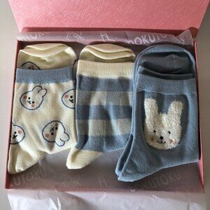 Dokutoku Crew Socks Box Gift Set 3 Pairs Bunny Rabbit Animal Patterns Easter NEW